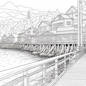 May include: A black and white line drawing of a wooden pier extending out over the water towards a row of houses built on stilts. The houses are situated in front of a lush green forest and a mountain range in the background.