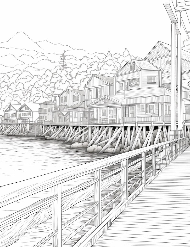May include: A black and white line drawing of a wooden pier extending out over the water towards a row of houses built on stilts. The houses are situated in front of a lush green forest and a mountain range in the background.