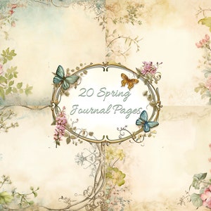 Op de afbeelding: Een set van 20 afdrukbare journalpagina's met een vintage bloemenontwerp met vlinders. De pagina's zijn perfect voor scrapbooking, journalen of knutselen.