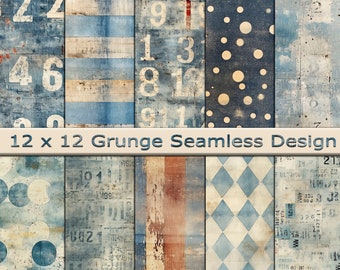 Seamless Digital Blue Grunge designs - 12" x 12" Digital Scrapbooking backgrounds - Repeating pattern backing paper - Junk Journal printable