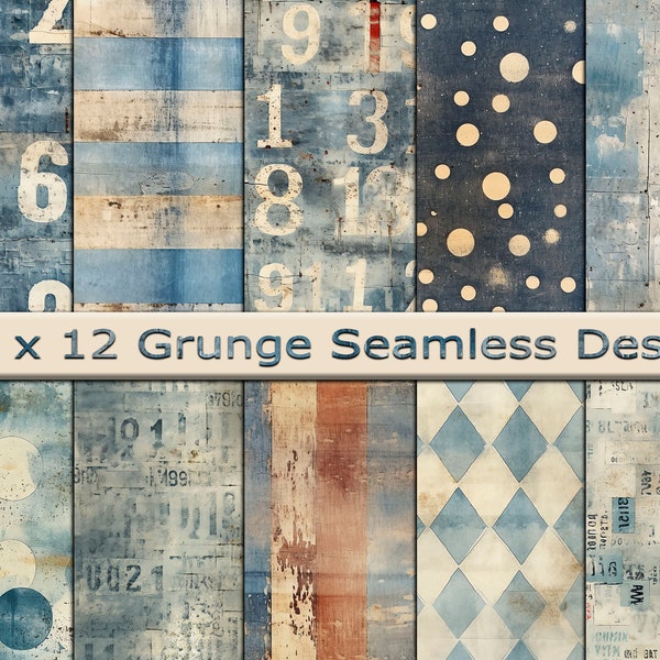 Dessins Digital Blue Grunge sans couture - arrière-plans de scrapbooking numérique 12" x 12" - Papier de support à motif répétitif - Junk Journal imprimable
