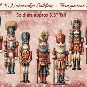 K&ouml;nnte beinhalten: Set mit 30 Nussknacker-Soldatenfiguren, jede etwa 14 cm gro&szlig;. Die Soldaten sind in rot-goldenen Uniformen mit aufwendigen Details gekleidet. Sie stehen auf einem rot-wei&szlig;en Hintergrund mit Schneeflocken.