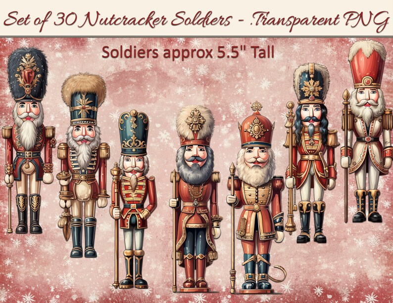 K&ouml;nnte beinhalten: Set mit 30 Nussknacker-Soldatenfiguren, jede etwa 14 cm gro&szlig;. Die Soldaten sind in rot-goldenen Uniformen mit aufwendigen Details gekleidet. Sie stehen auf einem rot-wei&szlig;en Hintergrund mit Schneeflocken.
