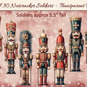 K&ouml;nnte beinhalten: Set mit 30 Nussknacker-Soldatenfiguren, jede etwa 14 cm gro&szlig;. Die Soldaten sind in farbenfrohen, detaillierten Uniformen mit goldenen Akzenten gekleidet. Sie stehen auf einem roten und wei&szlig;en Hintergrund mit Schneeflocken.