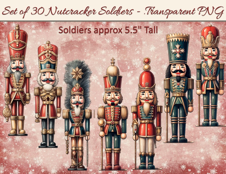 K&ouml;nnte beinhalten: Set mit 30 Nussknacker-Soldatenfiguren, jede etwa 14 cm gro&szlig;. Die Soldaten sind in farbenfrohen, detaillierten Uniformen mit goldenen Akzenten gekleidet. Sie stehen auf einem roten und wei&szlig;en Hintergrund mit Schneeflocken.