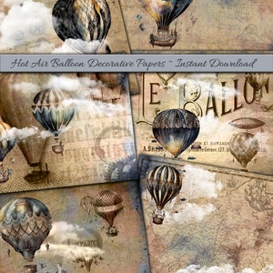 Carta digitale Victorian Travel Steampunk Airship. Design maschile. Mongolfiera vintage Download digitale Scrapbooking Crafting Papers