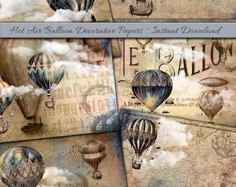 Steampunk Hot Air Balloon Digital Paper, Scrapbooking (PDF Download)