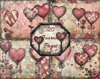 May include: Twenty digital journal pages featuring a collage of vintage-style hearts with floral and patterned designs. The hearts are in shades of pink, red, and brown, and are arranged in a grid pattern. The text "20 Journal Pages" is in the center of the image.