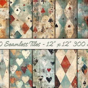 Carta da pacchi stampabile a tema Grungy Poker, Digital Seamless Tile, 12" x 12" più 8,5" x 11" di disegni ripetuti. Carta Distressed Junk Journal