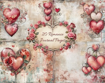 May include: A collage of 20 digital journal pages with a romantic theme. The pages feature vintage-inspired backgrounds with hearts, roses, and musical notes. The text "20 Romance Journal Pages" is displayed in the center of the image.