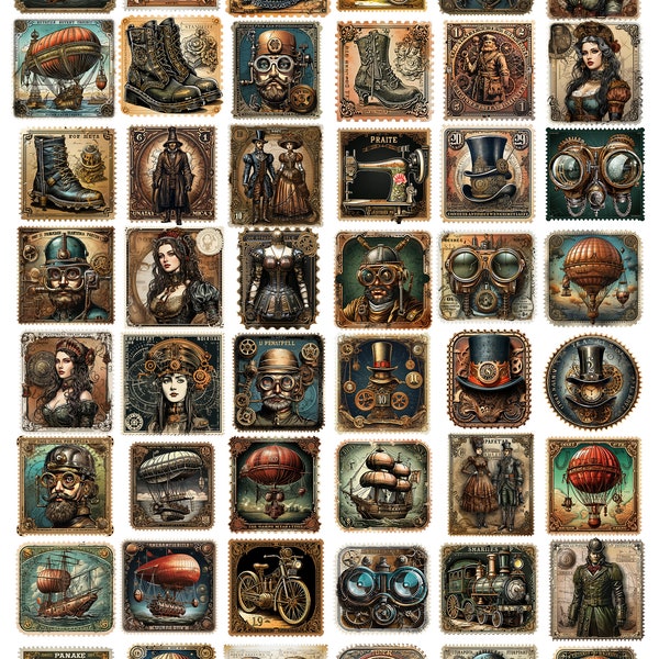 Steampunk Stamp and Postage Ephemera and BONUS clipart Collection- 96 Stamps - Steampunk Journal -gears, cogs, top hats, corsets and more