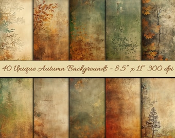 May include: 40 unique autumn backgrounds in a collage. Each background features a different textured, faded, and layered design with fall colors like brown, orange, and green. The backgrounds are 8.5 inches by 11 inches and 300 dpi.