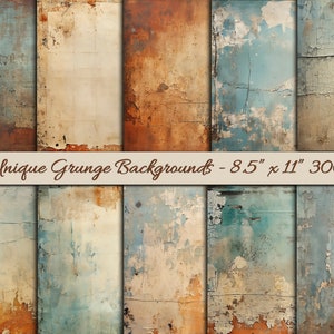 May include: 30 unique grunge backgrounds in various shades of blue, brown, and beige with a distressed, textured look. Each background is 8.5 inches by 11 inches and 300 dpi.