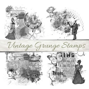 Könnte beinhalten: Eine Sammlung von Vintage-Grunge-Stempeln in Schwarz und Weiß. Die Stempel zeigen Illustrationen einer Frau, einer Uhr, eines Mannes mit Spielkarten, eines Vogelkäfigs, eines Schmetterlings und einer Bingokarte. Der Text "Vintage Grunge Stamps" ist zu sehen.