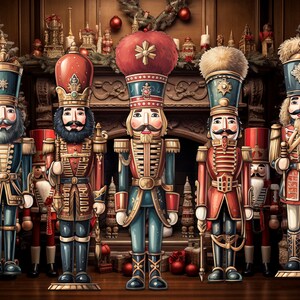 K&ouml;nnte beinhalten: F&uuml;nf h&ouml;lzerne Nussknackerfiguren in verschiedenen Farben und Designs, die vor einem Kamin mit einem Weihnachtsbaum im Hintergrund stehen.