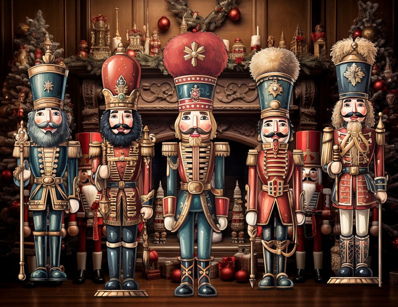 K&ouml;nnte beinhalten: F&uuml;nf h&ouml;lzerne Nussknackerfiguren in verschiedenen Farben und Designs, die vor einem Kamin mit einem Weihnachtsbaum im Hintergrund stehen.