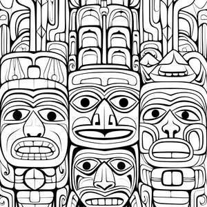 May include: Black and white illustration of a totem pole with multiple faces carved into it. The totem pole is made up of geometric shapes and patterns.