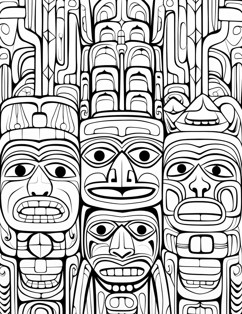 May include: Black and white illustration of a totem pole with multiple faces carved into it. The totem pole is made up of geometric shapes and patterns.