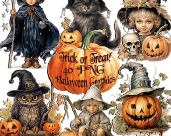 Vintage Halloween Clipart - 40 PNG-Bilder, Süßes oder Saures (Digitaler Download)