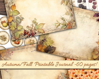 May include: Printable journal with 60 pages featuring autumn leaves, berries, and vines. The journal has a vintage aesthetic with a brown and cream color scheme. The text "Autumn/Fall Printable Journal - 60 pages!" is displayed on the front cover.