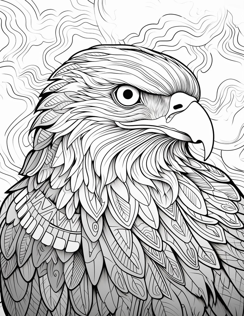 May include: A detailed black and white line drawing of an eagle's head with intricate feather patterns. The eagle's eye is large and round, and its beak is sharp and pointed.