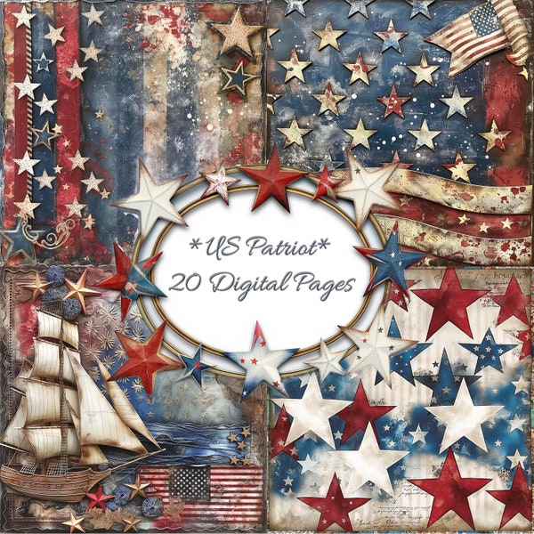 Vintage Americana Scrapbook Papers, Patriotic Digital Backgrounds, 4th of July Craft Pages, Printable Independence Day Decor, 12x12 inch