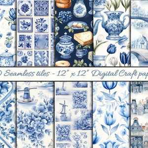 Dutch Delft Seamless Designs - 12x12 Digital Craft Paper plus 8.5" x 11" Digital backgrounds.