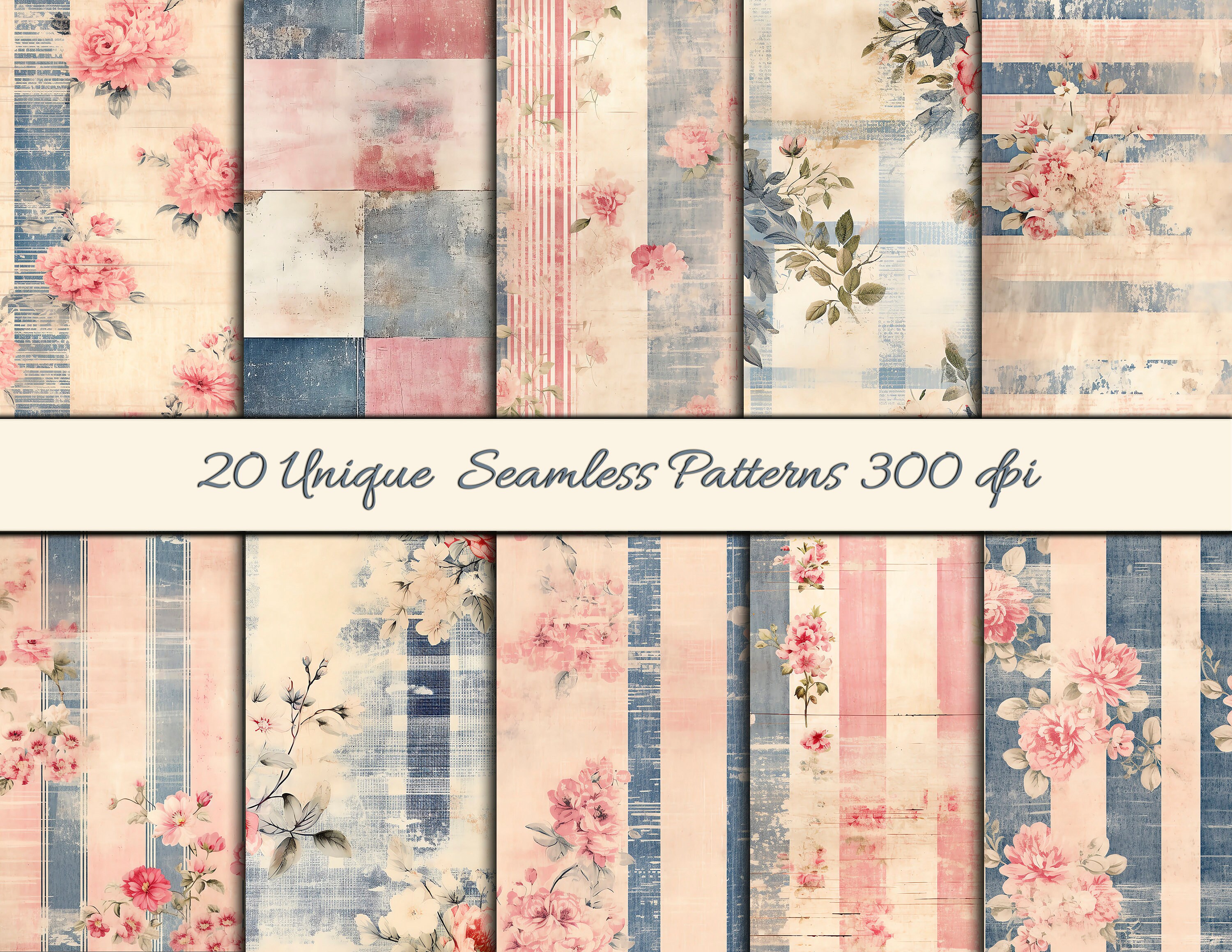 Seamless Denim Rose Designs-repeating Pattern-junk Journal Printable 12 ...