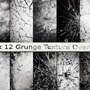 May include: Six black and white grunge texture overlays, each measuring 12 inches by 12 inches. The textures feature cracked and distressed patterns.