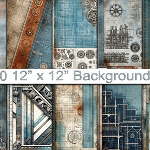 Vintage Blueprint & Rust Paper Pack - 20 Sheets, 12