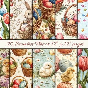 May include: Twenty seamless digital paper tiles featuring a variety of Easter-themed patterns.  The patterns include colorful eggs, chicks, bunnies, tulips, and baskets.  The tiles are 12 inches by 12 inches.