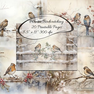 Winter Vögel Journal Seiten - Saisonales Aquarell Landschaft - Lesezeichen - Bauchbänder - Weihnachten Junk Journal und Basteln