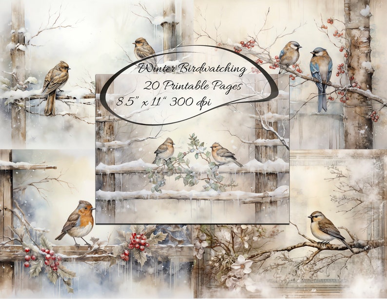 May include: A digital collage of 20 printable pages featuring winter birdwatching scenes. The images depict various birds perched on branches covered in snow, with a rustic wooden fence and red berries in the background. The text "Winter Birdwatching 20 Printable Pages 8.5 x 11" 300 dpi" is included in the image.