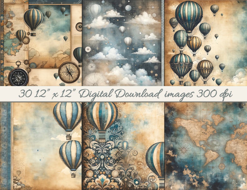 30 Vintage Travel Scrapbook Paper Designs-hot Air Balloons-12x12