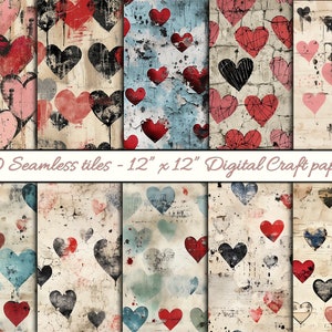 Vintage Heart Seamless Digital Paper Pack, Scrapbook Tiles, Grunge Love Patterns-Printable Valentine&#39;s Day Craft Paper, Romantic Backgrounds