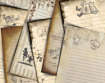 May include: A collection of vintage Winnie the Pooh themed printable journal pages with lined paper and illustrations of Winnie the Pooh, Piglet, and Tigger. The pages have a distressed, aged look and include quotes from the Winnie the Pooh stories.