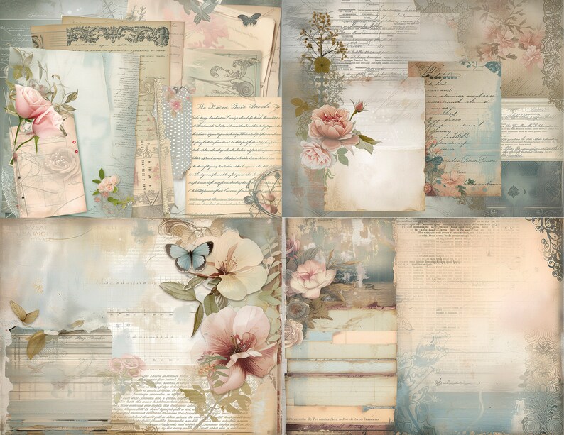 Vintage Floral Digital Paper Set, Shabby Chic Scrapbook Paper (instant ...
