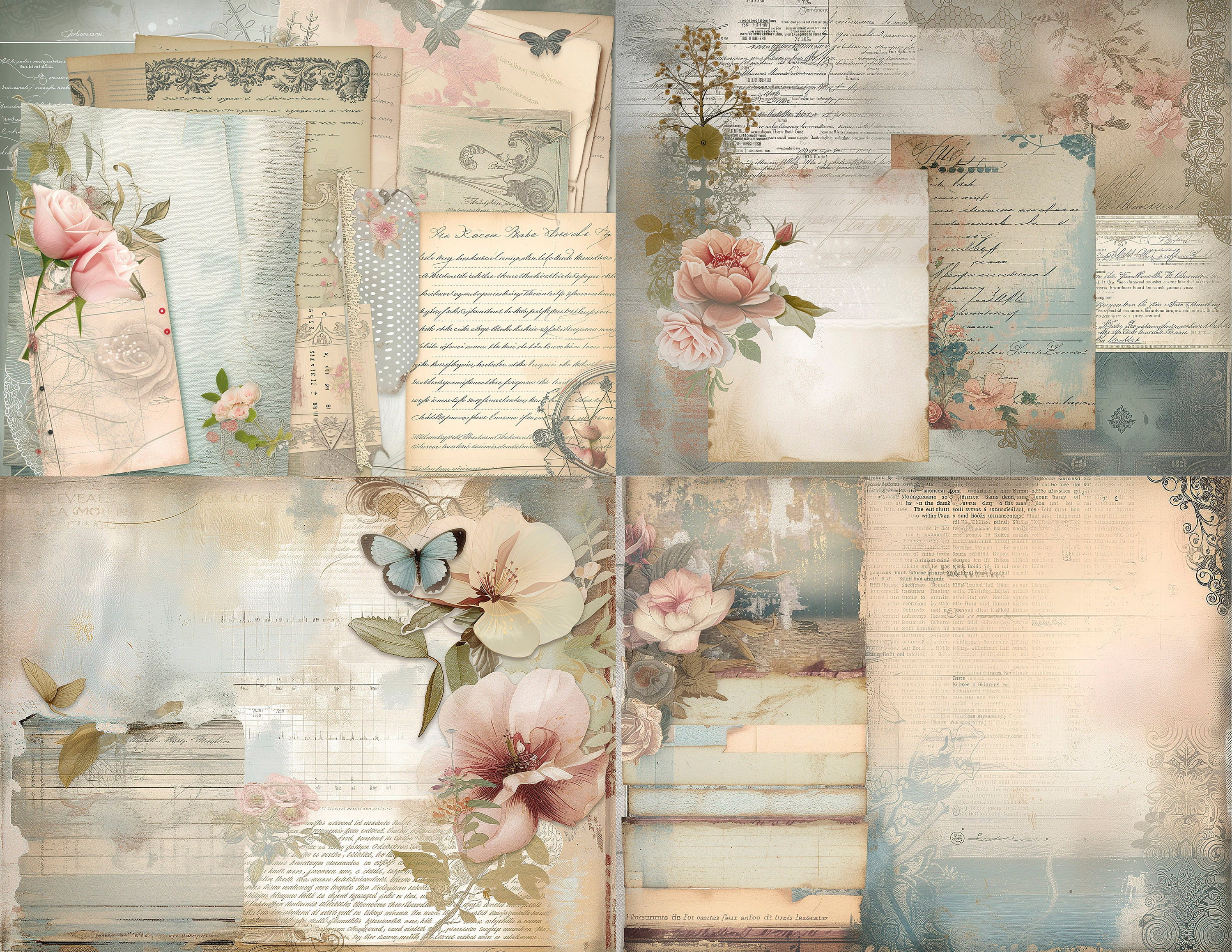 Vintage Floral Digital Paper Set, Shabby Chic Scrapbook Backgrounds ...
