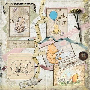 Vintage Classic Pooh embellishment tags. Printable Pooh Bear Junk Journaling additions. Classic Pooh Ephemera - E H Shepard