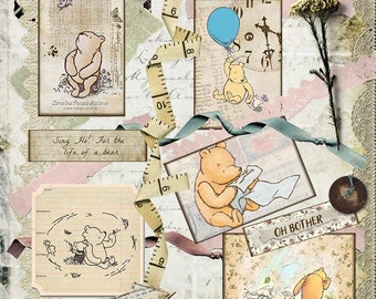 Vintage Pooh Bear-tags – Afdrukbare rommeljournaal, kortstondige (digitale download)