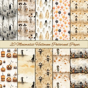May include: 20 digital papers featuring minimalist Halloween designs. The designs include ghosts, skeletons, pumpkins, candy, scarecrows, and houses. The papers are in a watercolour style and have a vintage feel.