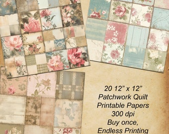 Vintage Patchwork Quilt Digital Paper Pack – Shabby Chic Patterns (Digital Download)