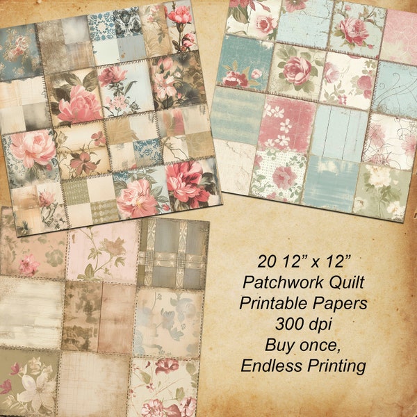 Vintage Patchwork Quilt Digital Paper Pack - Shabby Chic Scrapbook Backgrounds, Printable Antique Patterns for Crafts. Background patterns