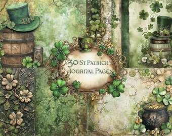 Peut inclure: Un collage numérique de 30 pages de journal pour la Saint-Patrick avec des trèfles verts, des accents dorés et un style vintage. Les pages sont parfaites pour le scrapbooking, le journal intime ou l'artisanat.