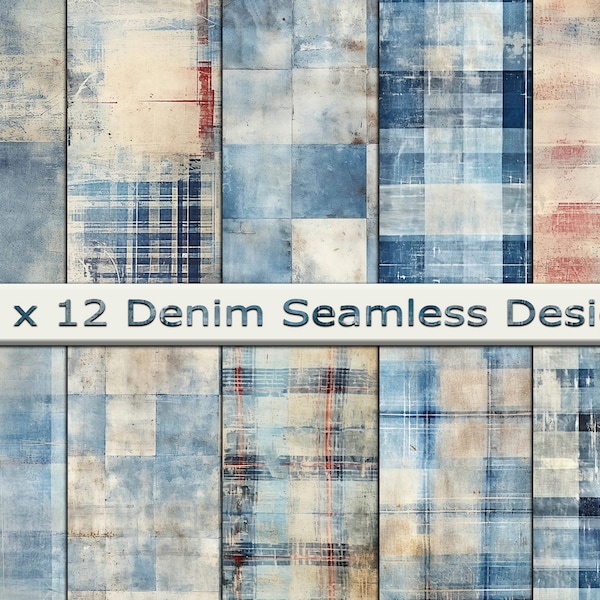 Denim Plaid digital Papers, Seamless Designs - Masculine Junk Journals, 12x12 Digital Craft Paper, Grunge Blue Plaid, Forever in Blue Jeans!