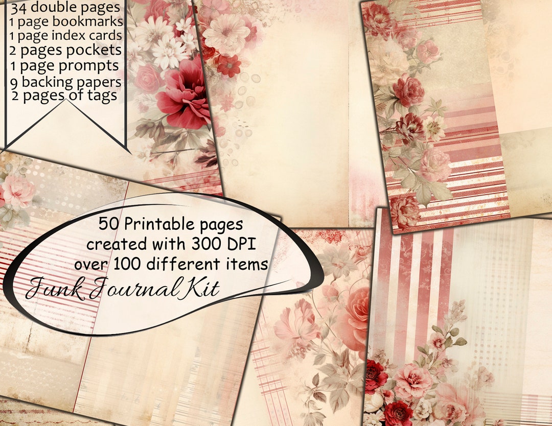 Vintage Rose and Stripe Junk Journal Pack - 50 Pages- Printable Rose ...