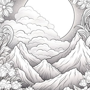 May include: Black and white line art illustration of a mountain range with a full moon and clouds in the background. The mountains are surrounded by flowers.