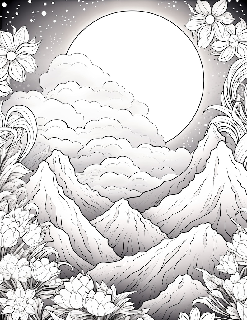 May include: Black and white line art illustration of a mountain range with a full moon and clouds in the background. The mountains are surrounded by flowers.