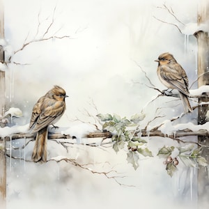 May include: Two brown birds perched on a snow-covered branch with icicles hanging from the branches. The birds are facing different directions and the background is a soft, white watercolour wash.