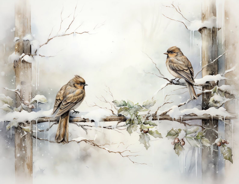 May include: Two brown birds perched on a snow-covered branch with icicles hanging from the branches. The birds are facing different directions and the background is a soft, white watercolour wash.